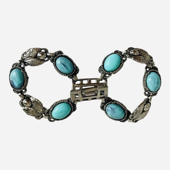 7.5" Vintage Double Layered Turquoise Silver Tone Panel Link Cuff Bracelet - Picture 4 of 6
